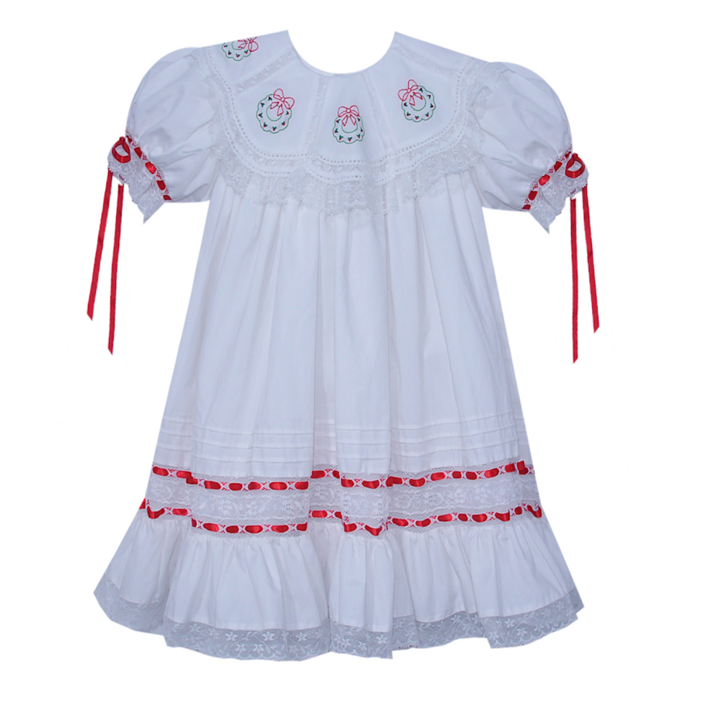 White Lucille Dress - Christmas Wreath Embroidery