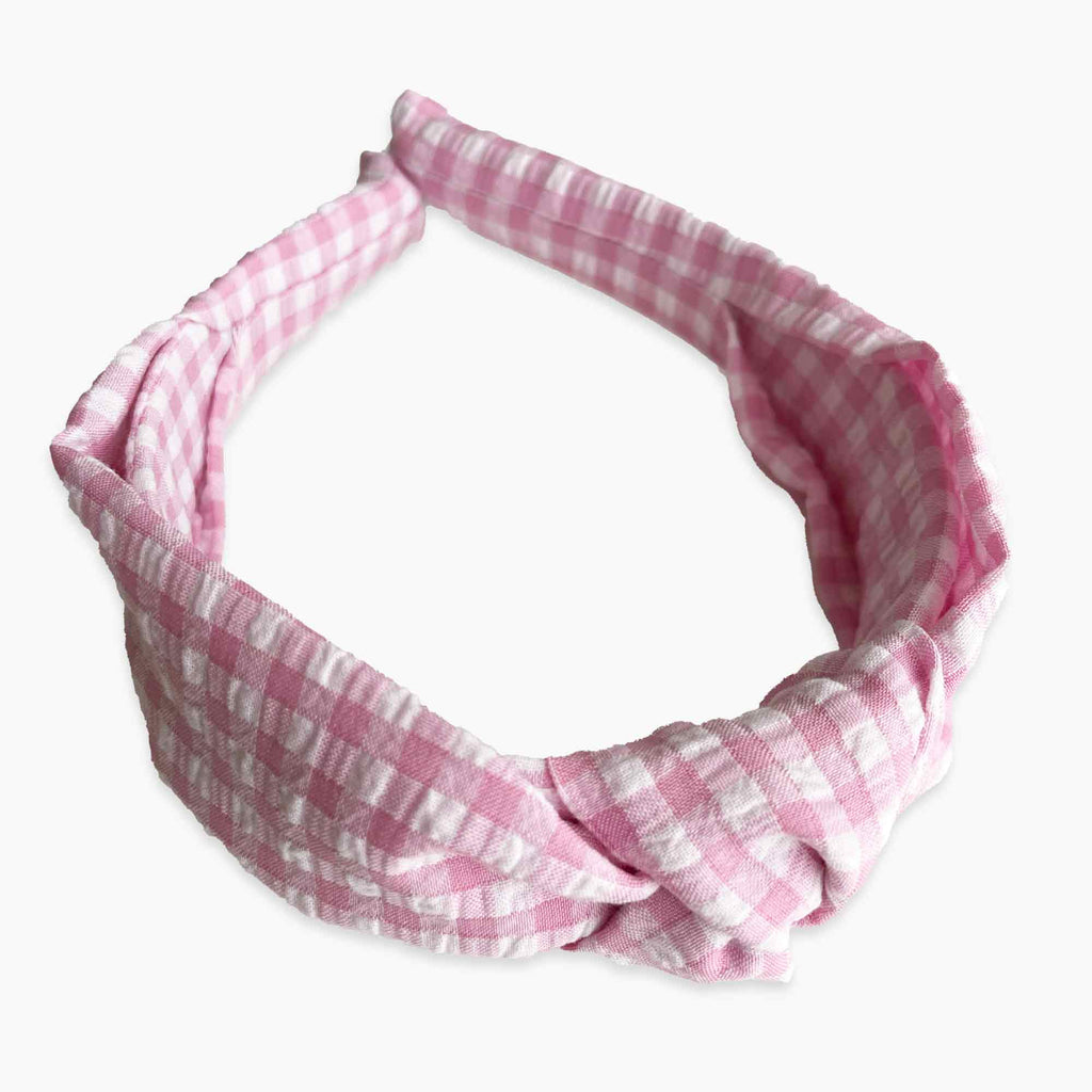Seersucker Gingham Knot Headband - pink