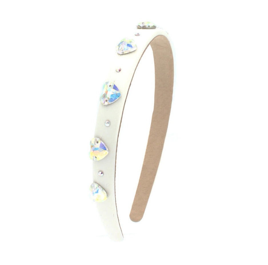 Thin Satin Headband With Jeweled Hearts- White