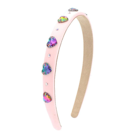 Thin Satin Headband With Jeweled Hearts- Pink