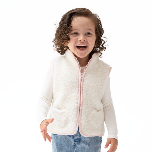 Sherpa Zip Vest with Heart Pockets - Pink