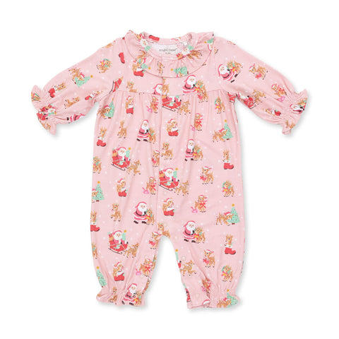 Long Sleeve Ruffle Collar Romper - Vintage Reindeer & Santa Pink