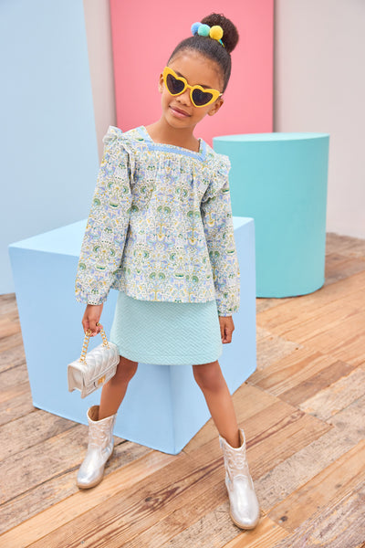 Quilted Mini Skirt - Aqua Quilted Trellis