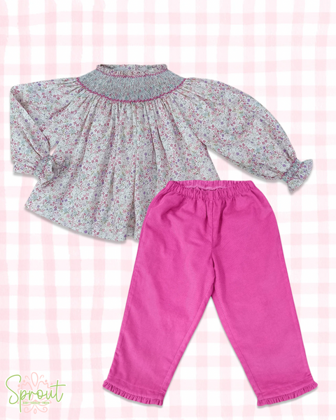 Ruffle Pull On Pant - Aster Floral & Hot Pink Corduroy