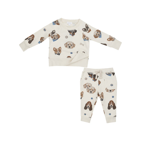 Raglan Sweatshirt And Jogger Set - Vintage Puppy Faces