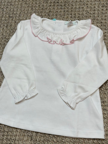 Long Sleeve Ruffle Top, White with Pink