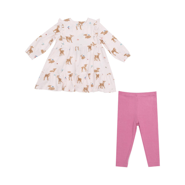 Smocked Ruffle Tiered Dress And Legging Set - Soft Deer