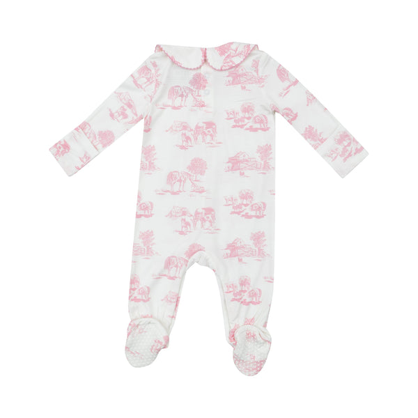 Smocked Peter Pan Footie- Farm Toile Pink