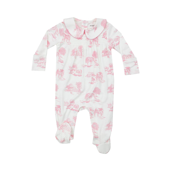 Smocked Peter Pan Footie- Farm Toile Pink