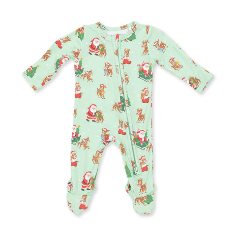 2 Way Zipper Footie - Vintage Reindeer & Santa