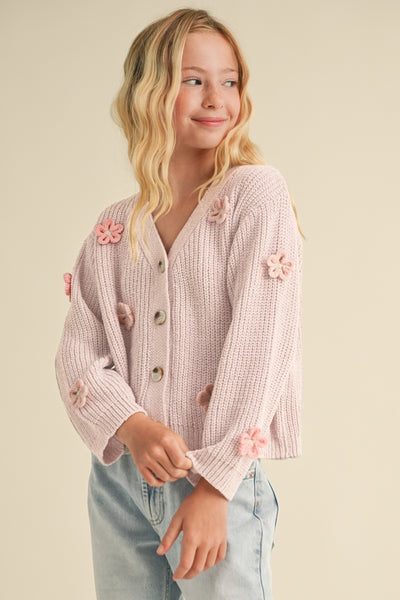 Pink Cardigan with 3D Crochet Flowers