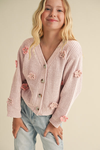 Pink Cardigan with 3D Crochet Flowers