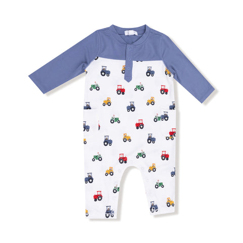 Romper with Contrast Sleeves - Mini Tractors