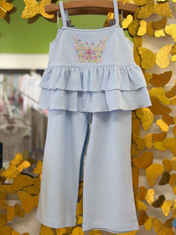 Ruffled Strap Top & Wide Cropped Pant Set - Butterfly