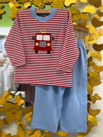 L/S Stripe Fire Truck Pant Set