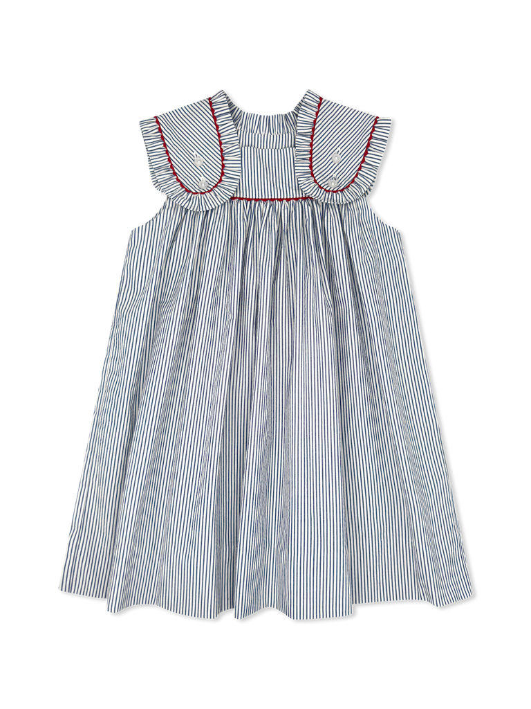 Frances Flap Dress - River Royal Seersucker/Red Ric Rac