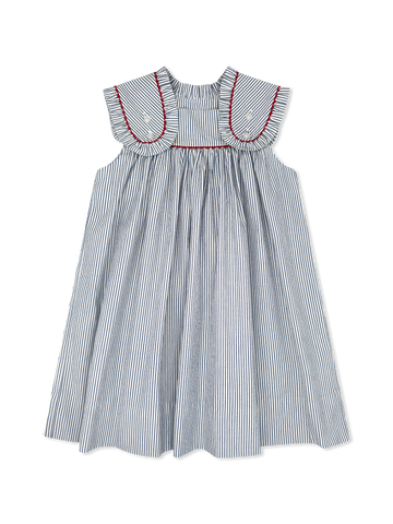 Frances Flap Dress - River Royal Seersucker/Red Ric Rac