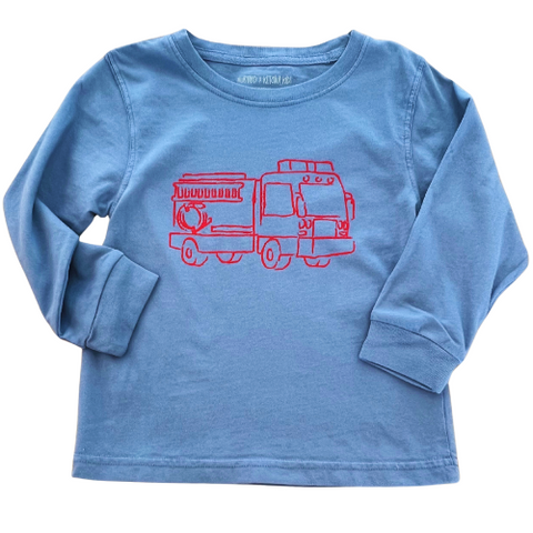 Long Sleeve Denim Blue Firetruck T-Shirt