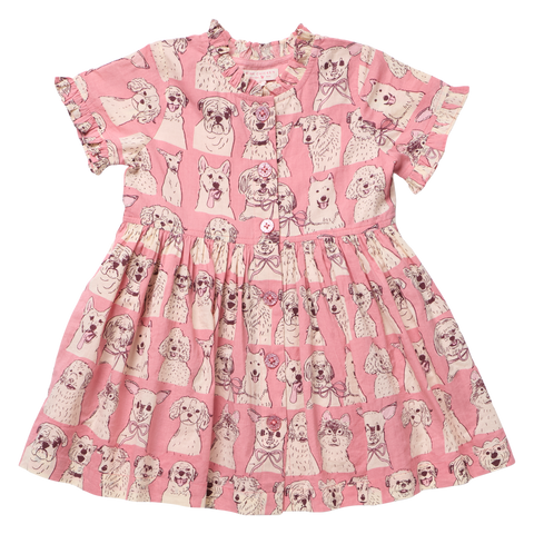 Girls Autumn Dress - Pink Sketched Dogs
