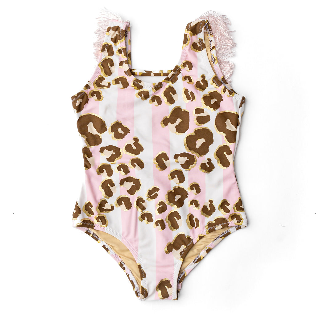 One Piece Fringe Back Swimsuit - Metallic Leopard