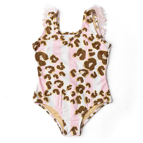 One Piece Fringe Back Swimsuit - Metallic Leopard