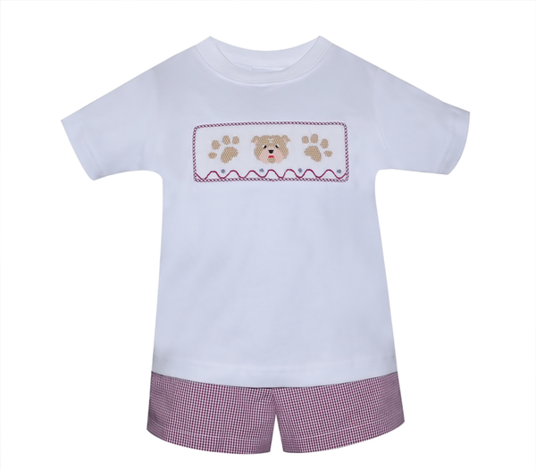 Smocked Boy Short Set - Maroon/White