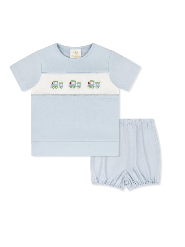 Bayou Bloomer/Short Set - Blue with Train Embroidery