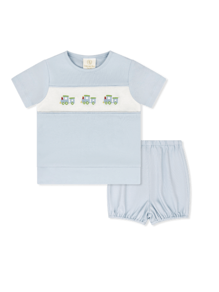Bayou Bloomer/Short Set - Blue with Train Embroidery