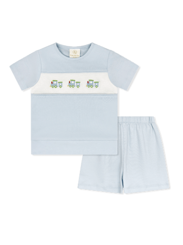 Bayou Bloomer/Short Set - Blue with Train Embroidery