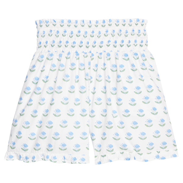 Shirred Ruffle Shorts - Blue Tulip Block Print