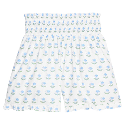 Shirred Ruffle Shorts - Blue Tulip Block Print