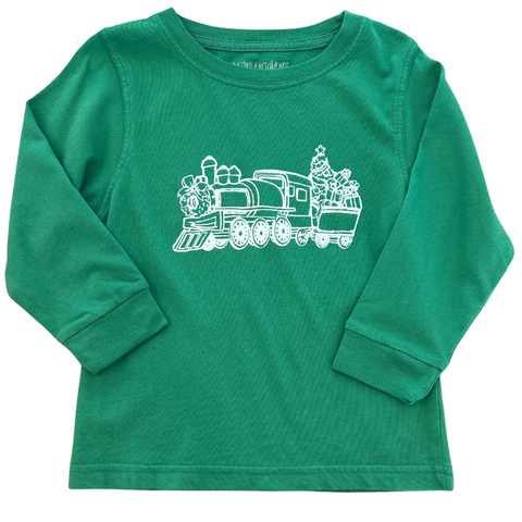 Long Sleeve Green Holiday Train T-Shirt