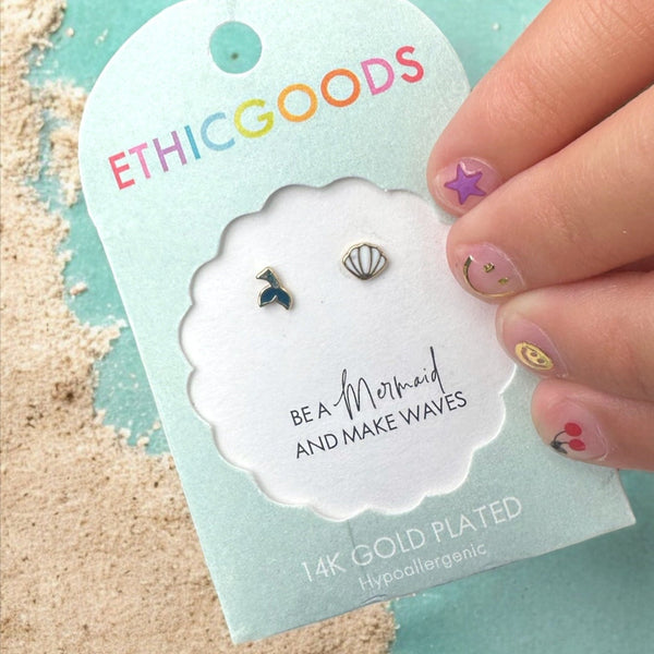 Mermaid Tail & Shell Tiny Stud Earrings