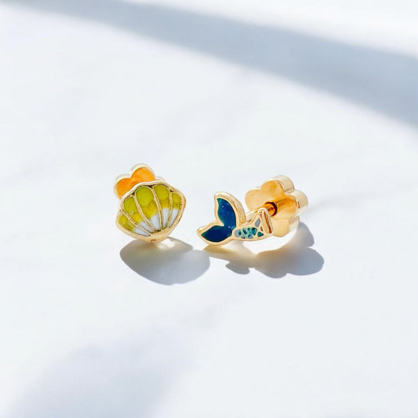 Mermaid Tail & Shell Tiny Stud Earrings