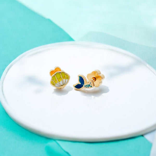 Mermaid Tail & Shell Tiny Stud Earrings