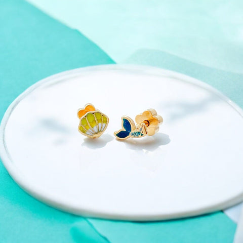 Mermaid Tail & Shell Tiny Stud Earrings