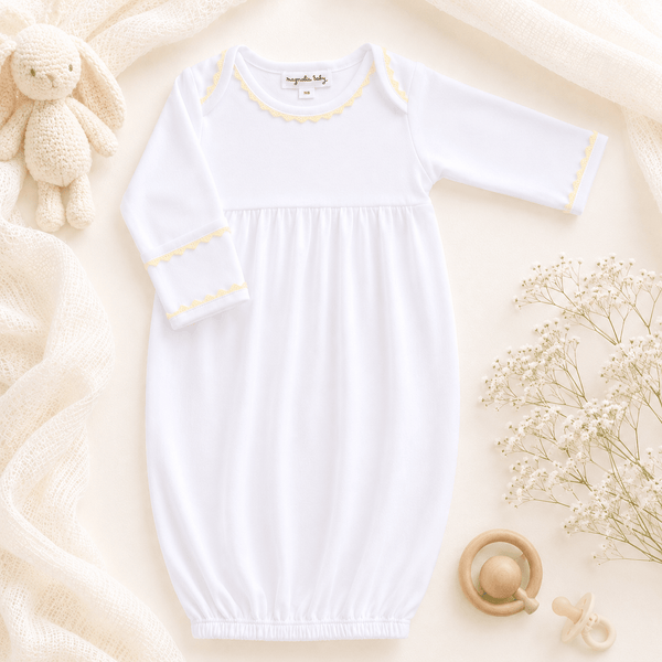 Baby Joy Yellow Crochet Trim Gathered Gown