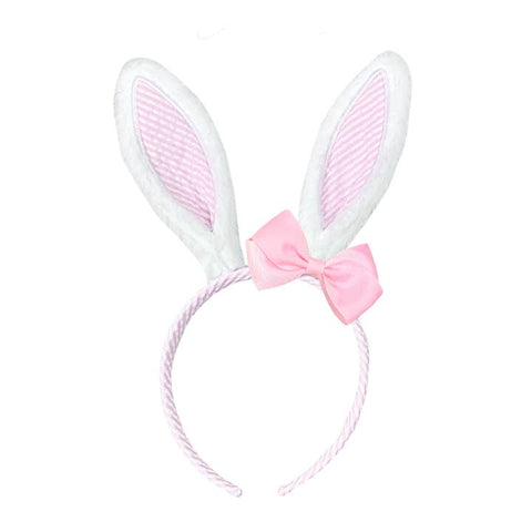 Seersucker Bunny Ears with Bow Headband - pink