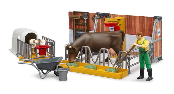 bworld Cow and Calf Stable with Farmer