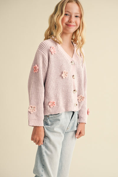 Pink Cardigan with 3D Crochet Flowers