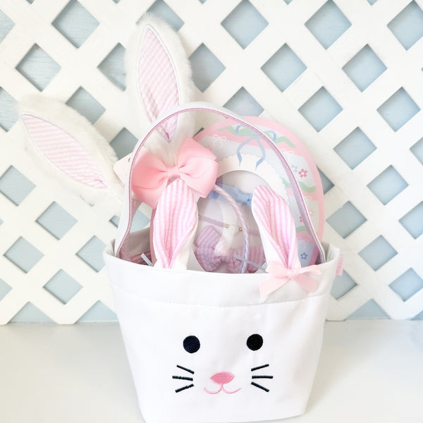 Seersucker Bunny Ears with Bow Headband - pink