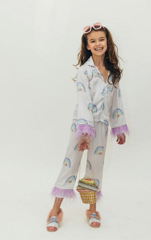 Rainbow Feather Trims Silky Pajamas