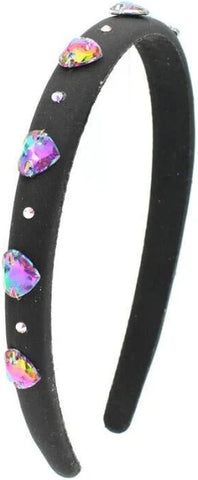 Thin Satin Headband With Jeweled Hearts- Black