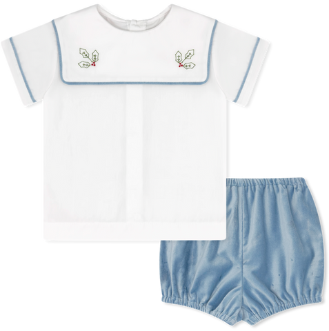 Christian Bloomer Set - Beaufort Blue Velvet, Holly Embroidery